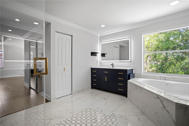 17937 SW 36th St, Miramar, FL 33029 - full bathroom with vanity, crown molding, baseboards, recessed lighting, and a bath