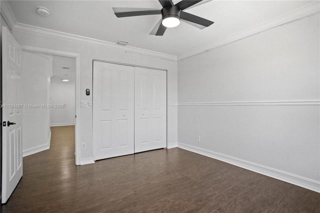 17937 SW 36th St, Miramar, FL 33029 - unfurnished bedroom with baseboards, ornamental molding, dark wood finished floors, and a closet