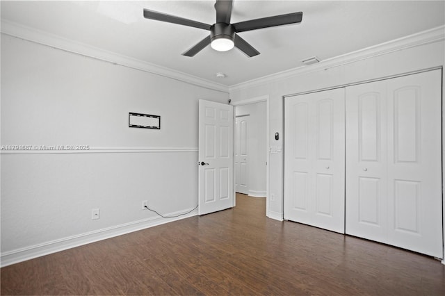 17937 SW 36th St, Miramar, FL 33029 - unfurnished bedroom with crown molding, baseboards, wood finished floors, visible vents, and a closet