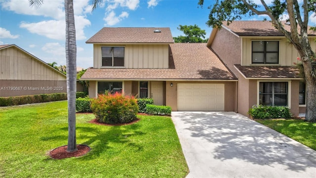 traditional-style home with stucco siding, a shingled roof, a garage, a front lawn, and concrete driveway