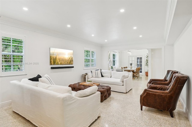 4700 Alhambra Cir, Coral Gables, FL 33146 - living area with recessed lighting, ornamental molding, and light speckled floor