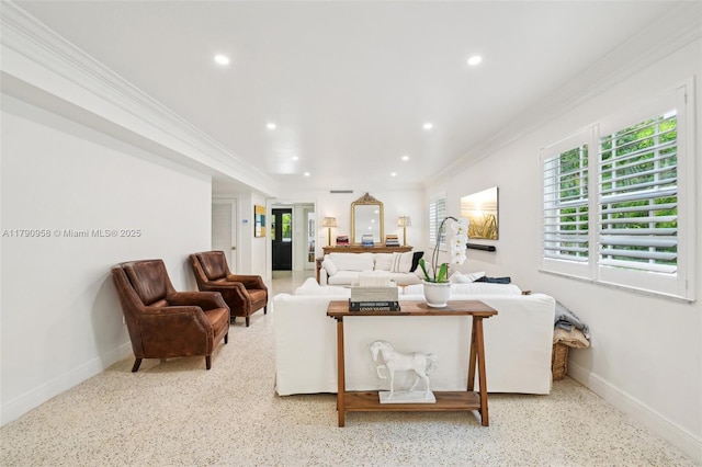 4700 Alhambra Cir, Coral Gables, FL 33146 - living area with baseboards, recessed lighting, ornamental molding, and speckled floor