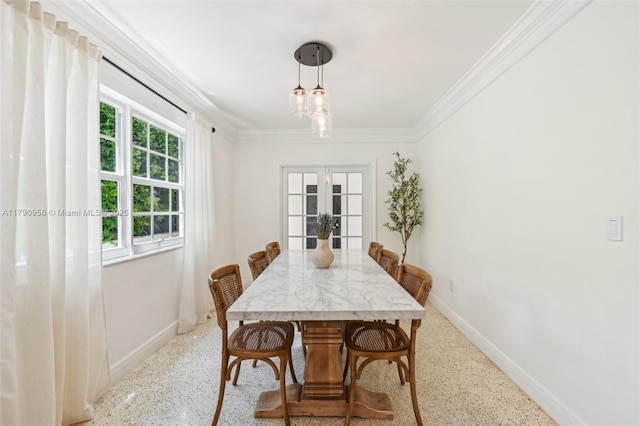 4700 Alhambra Cir, Coral Gables, FL 33146 - dining room featuring baseboards, ornamental molding, and speckled floor