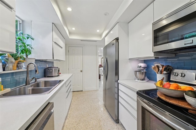 4700 Alhambra Cir, Coral Gables, FL 33146 - kitchen featuring light speckled floor, stainless steel appliances, a sink, white cabinetry, and modern cabinets