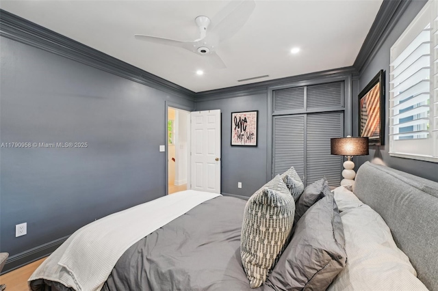 4700 Alhambra Cir, Coral Gables, FL 33146 - bedroom featuring ornamental molding, recessed lighting, ceiling fan, and baseboards