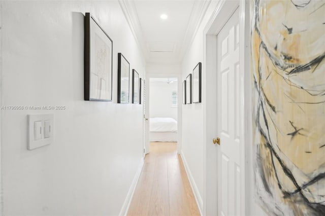 4700 Alhambra Cir, Coral Gables, FL 33146 - hallway with light wood-style floors, crown molding, and baseboards