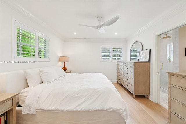 4700 Alhambra Cir, Coral Gables, FL 33146 - bedroom with recessed lighting, light wood-style flooring, ensuite bathroom, a ceiling fan, and crown molding