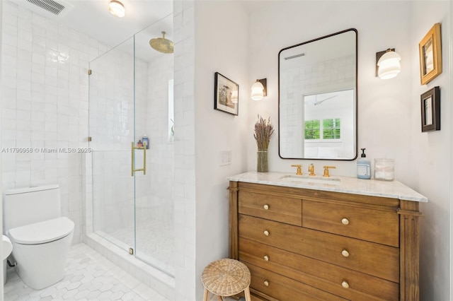 4700 Alhambra Cir, Coral Gables, FL 33146 - bathroom featuring vanity, tile patterned floors, toilet, a stall shower, and visible vents