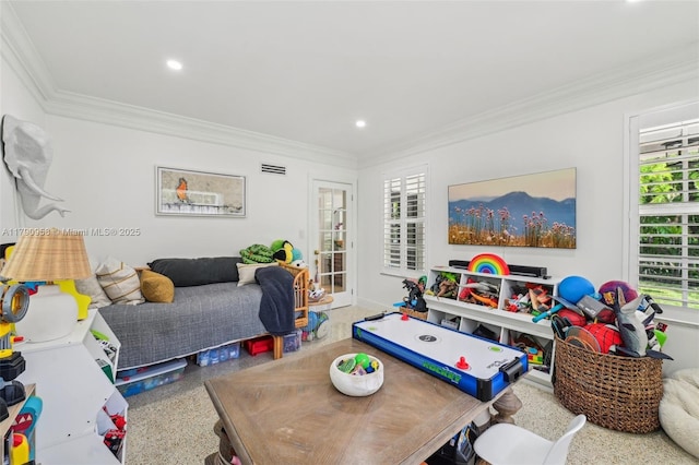 4700 Alhambra Cir, Coral Gables, FL 33146 - rec room featuring a wealth of natural light, speckled floor, and ornamental molding