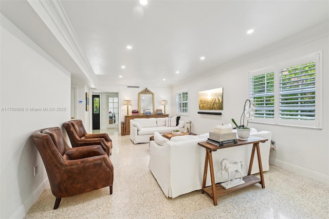 4700 Alhambra Cir, Coral Gables, FL 33146 - living area featuring speckled floor, crown molding, and recessed lighting