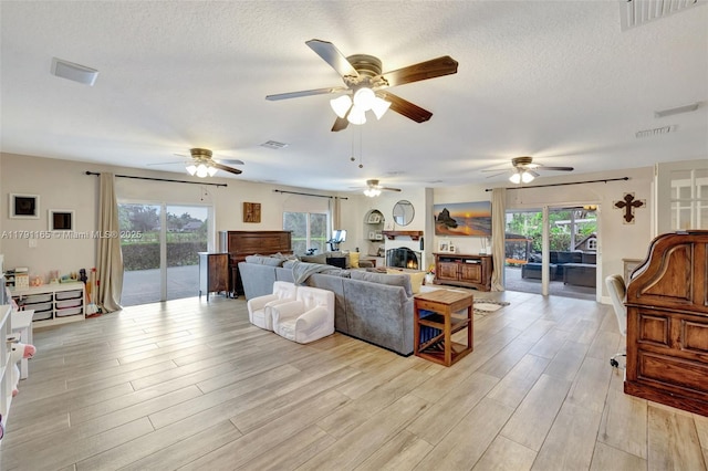 living room with light wood-type flooring, visible vents, and plenty of natural light