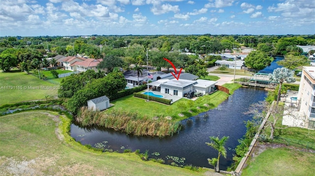 bird's eye view with a water view