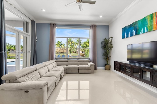 13003 SW 41st St, Davie, FL 33330 - living room with ornamental molding, ceiling fan, baseboards, recessed lighting, and tile patterned flooring