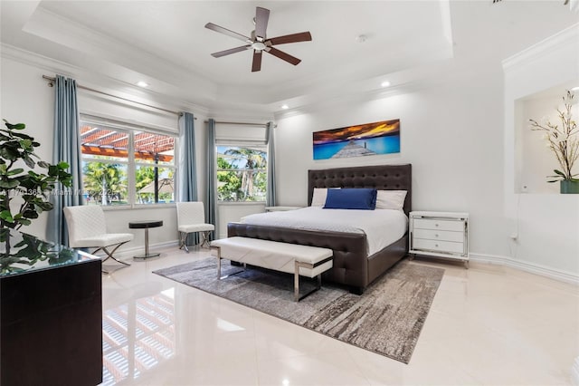 13003 SW 41st St, Davie, FL 33330 - bedroom with a tray ceiling, ornamental molding, tile patterned flooring, baseboards, and recessed lighting