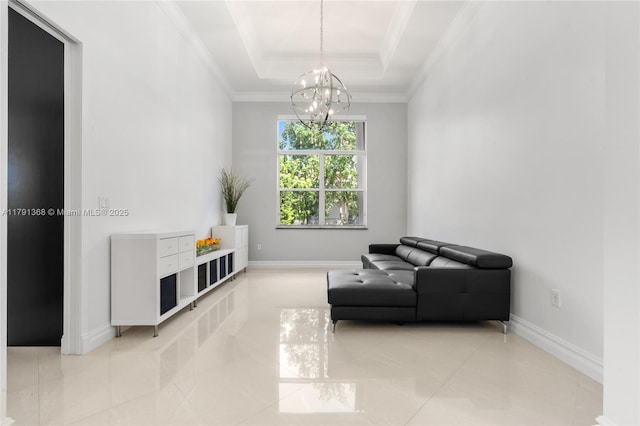 living area featuring tile patterned floors, baseboards, a raised ceiling, a notable chandelier, and crown molding