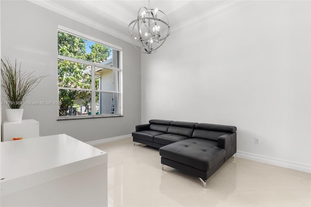 living area with tile patterned floors, ornamental molding, a notable chandelier, and baseboards