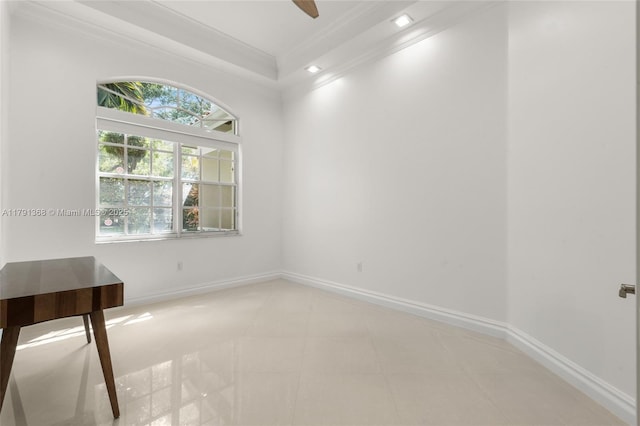 empty room featuring baseboards, recessed lighting, ornamental molding, and ceiling fan