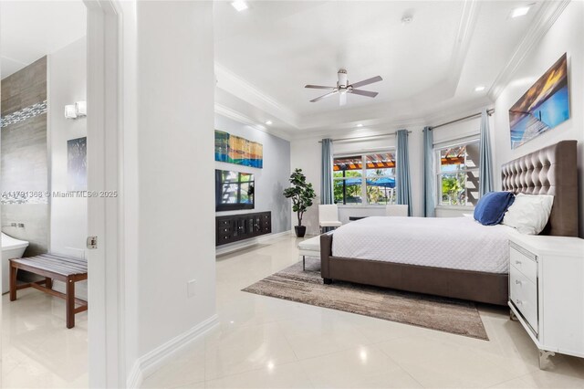 bedroom featuring light tile patterned floors, ornamental molding, recessed lighting, and a tray ceiling