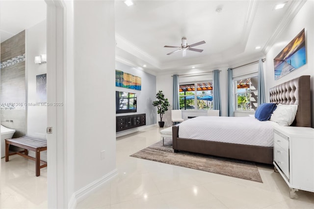 13003 SW 41st St, Davie, FL 33330 - bedroom featuring a raised ceiling, crown molding, light tile patterned floors, and recessed lighting