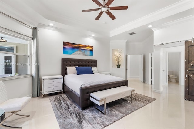 bedroom featuring recessed lighting, a barn door, crown molding, visible vents, and tile patterned flooring