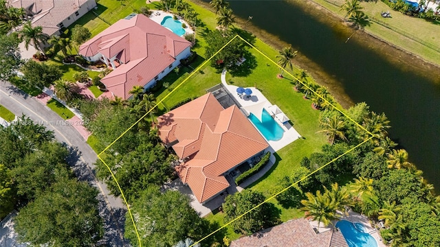 aerial view featuring a water view