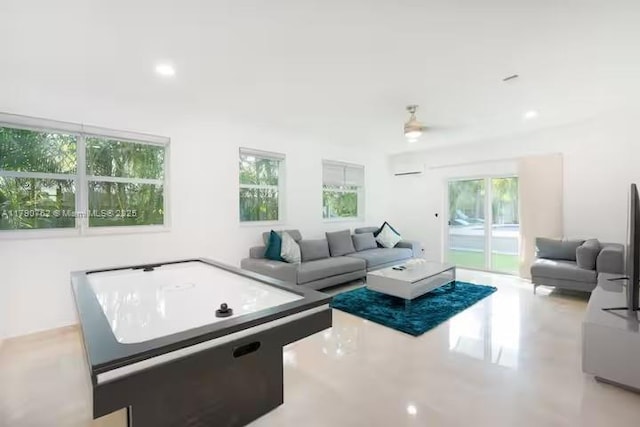 game room featuring a ceiling fan and recessed lighting