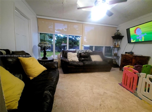 1540 NE 173rd St, North Miami Beach, FL 33162 - living room with crown molding, a ceiling fan, and carpet