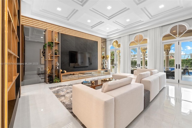 tiled living room with french doors, recessed lighting, coffered ceiling, and crown molding