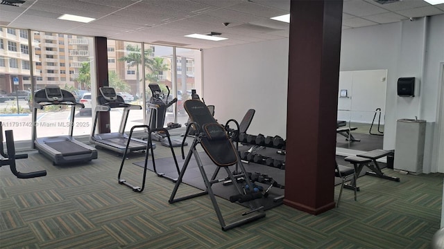 1801 S Ocean Dr Unit 842, Hallandale Beach, FL 33009 - workout area with a wall of windows, carpet floors, and a drop ceiling