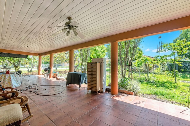 view of patio with fence and a ceiling fan
