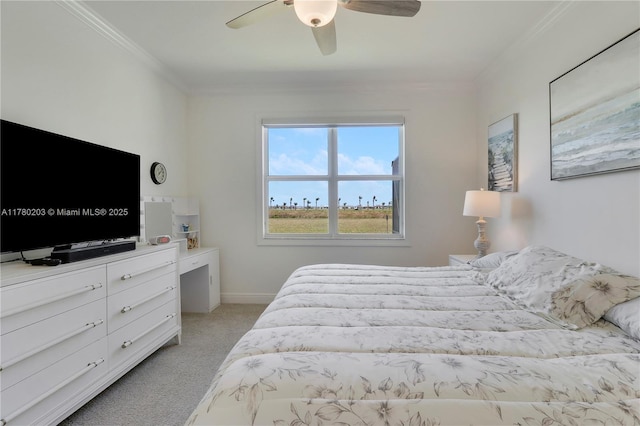 26047 SW Viterbo Way, Port St Lucie, FL 34986 - bedroom with a ceiling fan, ornamental molding, baseboards, and light carpet
