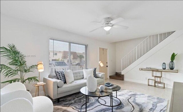 8091 NW 12th St Unit H, Margate, FL 33063 - living room with stairway, a ceiling fan, and baseboards