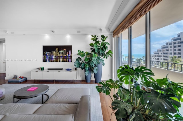 living area with wood finished floors, a water view, and baseboards