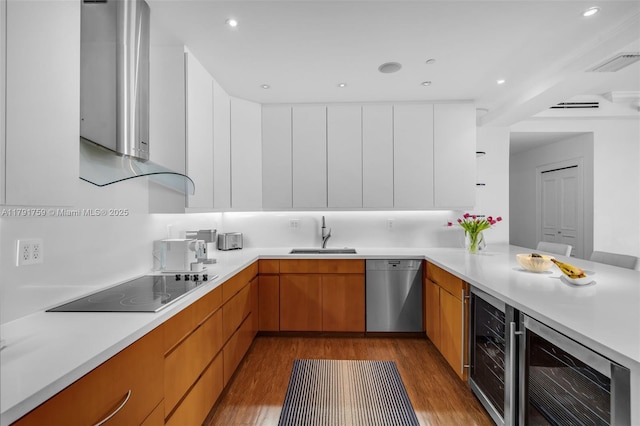 kitchen with a sink, wine cooler, dishwasher, and extractor fan
