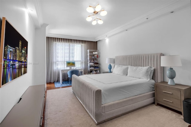 bedroom featuring a chandelier and ornamental molding
