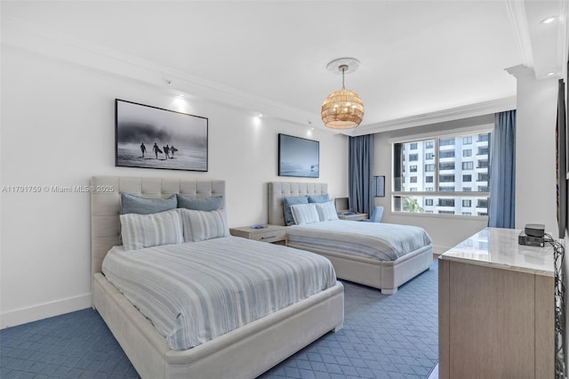 bedroom featuring carpet, crown molding, recessed lighting, and baseboards