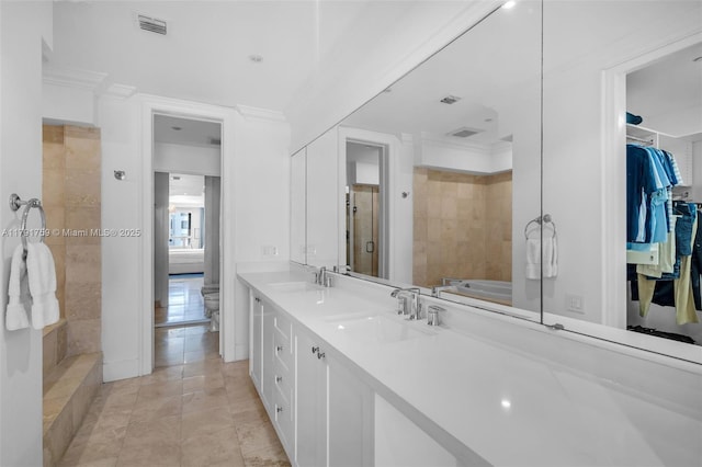 bathroom with a stall shower, double vanity, a sink, and a spacious closet