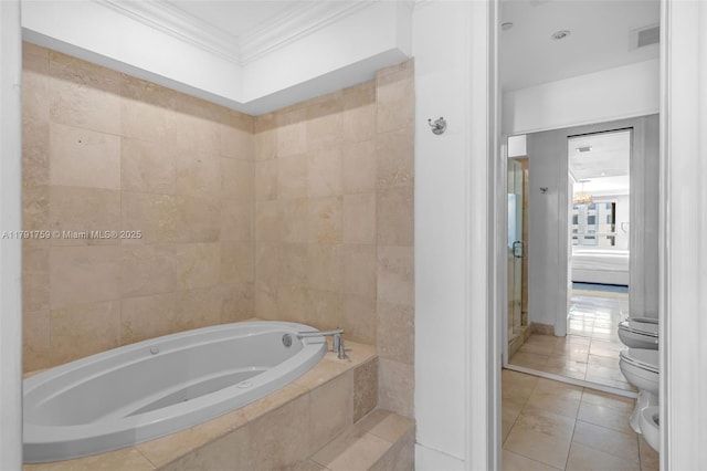 bathroom featuring tile patterned floors, toilet, crown molding, visible vents, and a garden tub