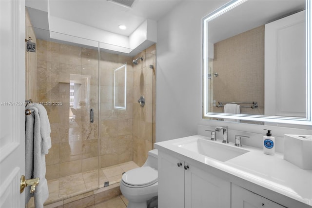 bathroom featuring visible vents, a stall shower, toilet, recessed lighting, and vanity