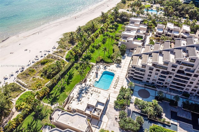 aerial view with a view of the beach and a water view