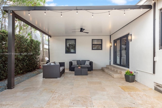 view of patio / terrace featuring an outdoor hangout area, ceiling fan, and entry steps