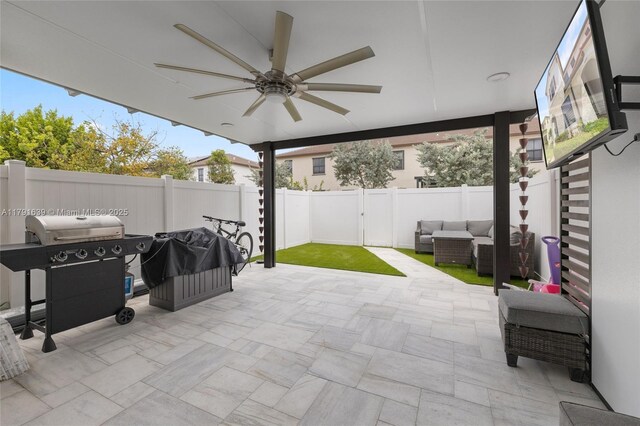 3289 W 106th Ter, Hialeah, FL 33018 - view of patio / terrace featuring grilling area, a ceiling fan, an outdoor hangout area, and a fenced backyard