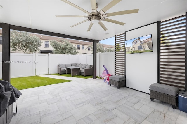 3289 W 106th Ter, Hialeah, FL 33018 - view of patio / terrace featuring outdoor lounge area, ceiling fan, fence private yard, and grilling area