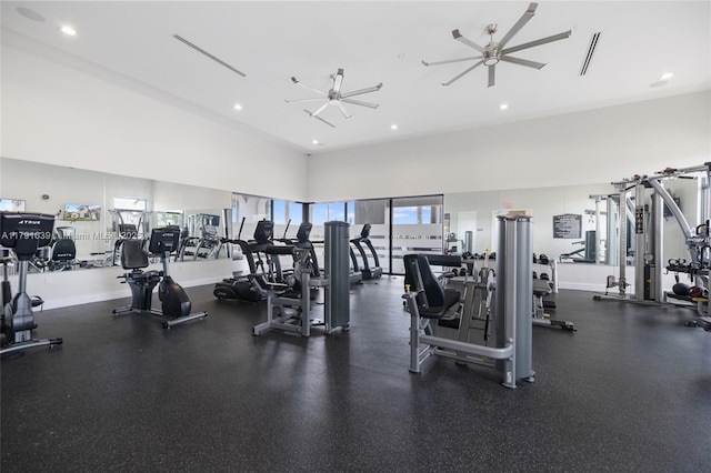 3289 W 106th Ter, Hialeah, FL 33018 - gym with visible vents, baseboards, recessed lighting, a ceiling fan, and a high ceiling