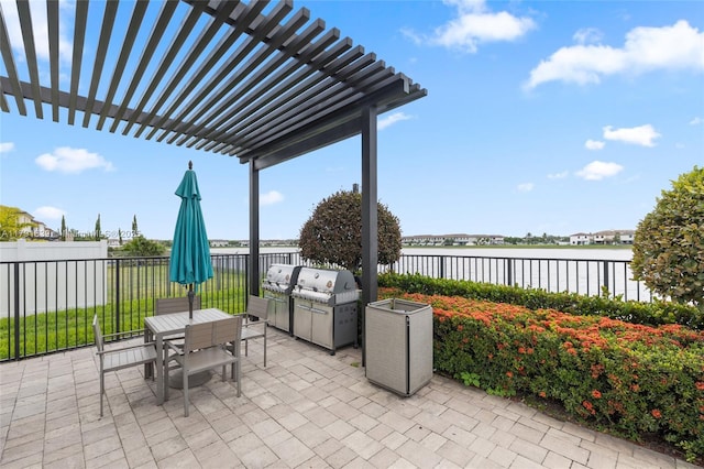 3289 W 106th Ter, Hialeah, FL 33018 - view of patio featuring a water view, outdoor dining area, grilling area, a pergola, and a fenced backyard