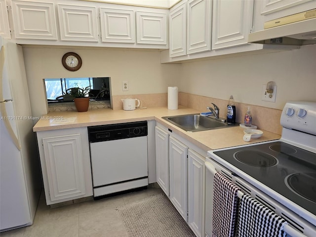 1103 NW 58th Ter Unit 321, Sunrise, FL 33313 - kitchen featuring white appliances, ventilation hood, light tile patterned flooring, light countertops, and white cabinets