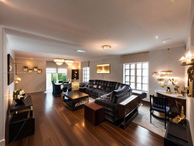 212 NE 3rd St Unit 12, Hallandale Beach, FL 33009 - living room with dark wood-style floors and a chandelier