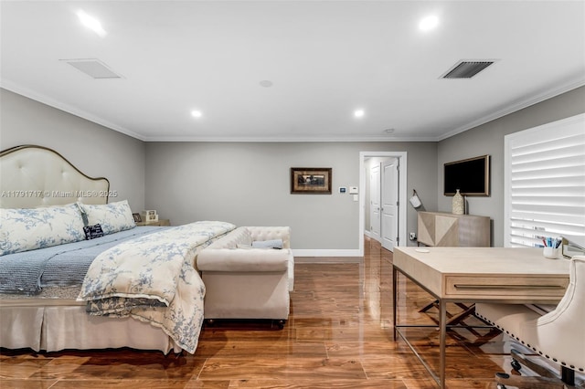 bedroom featuring ornamental molding, recessed lighting, visible vents, and wood finished floors