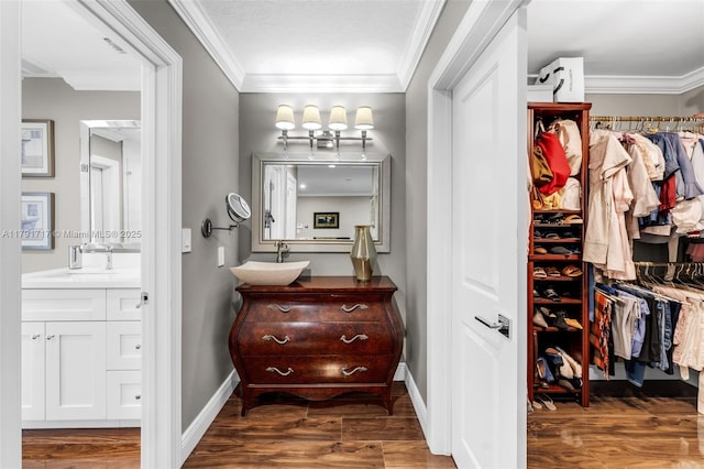 full bath with a spacious closet, wood finished floors, crown molding, and a sink