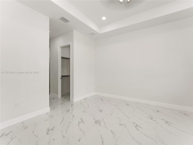 923 Winters St E, Lehigh Acres, FL 33974 - unfurnished bedroom with recessed lighting, ceiling fan, marble finish floor, visible vents, and baseboards